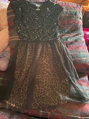 Wonderkids Black Sequin Top with Leopard Print Skirt Dress